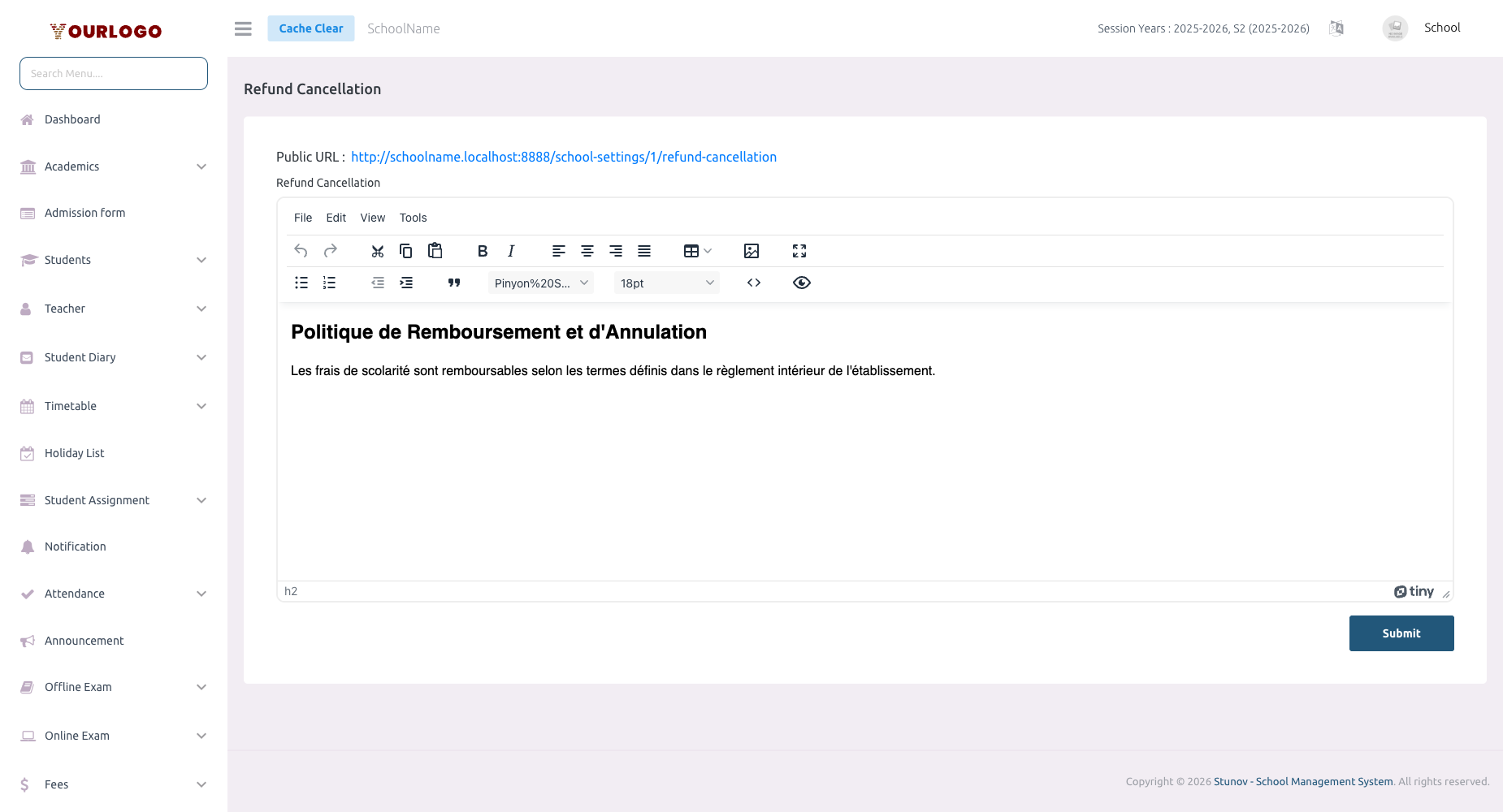 Refund and Cancellation policy editor with rich text content