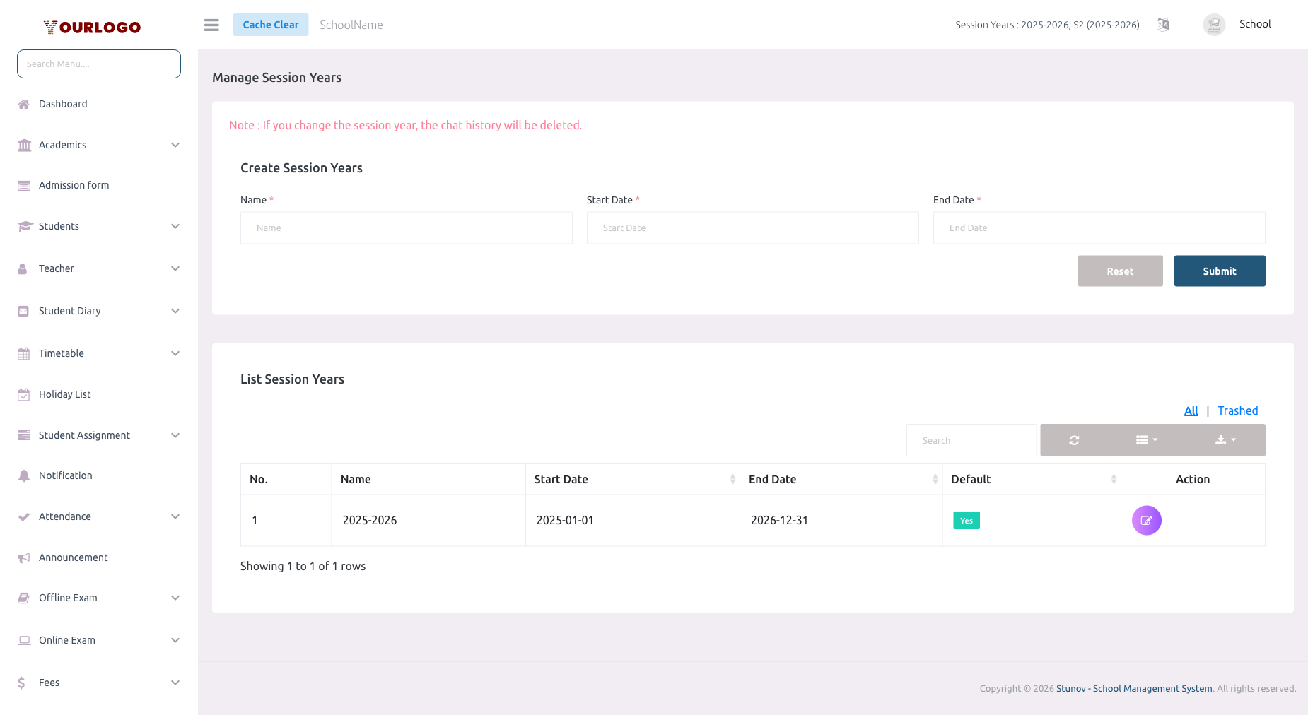 Session Year management page with create form and list of session years