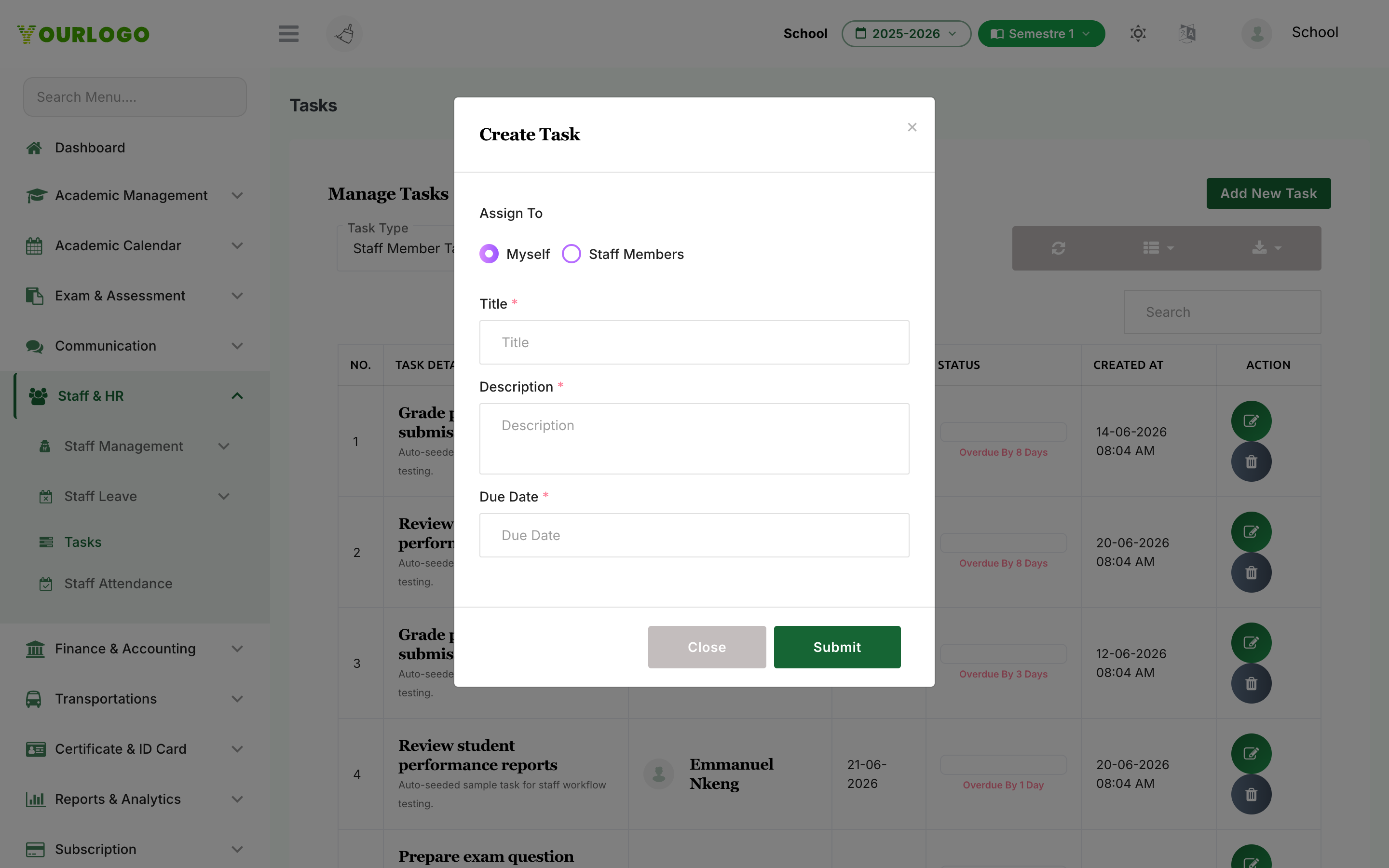 Create Task modal with assignee, title, description, and due date fields