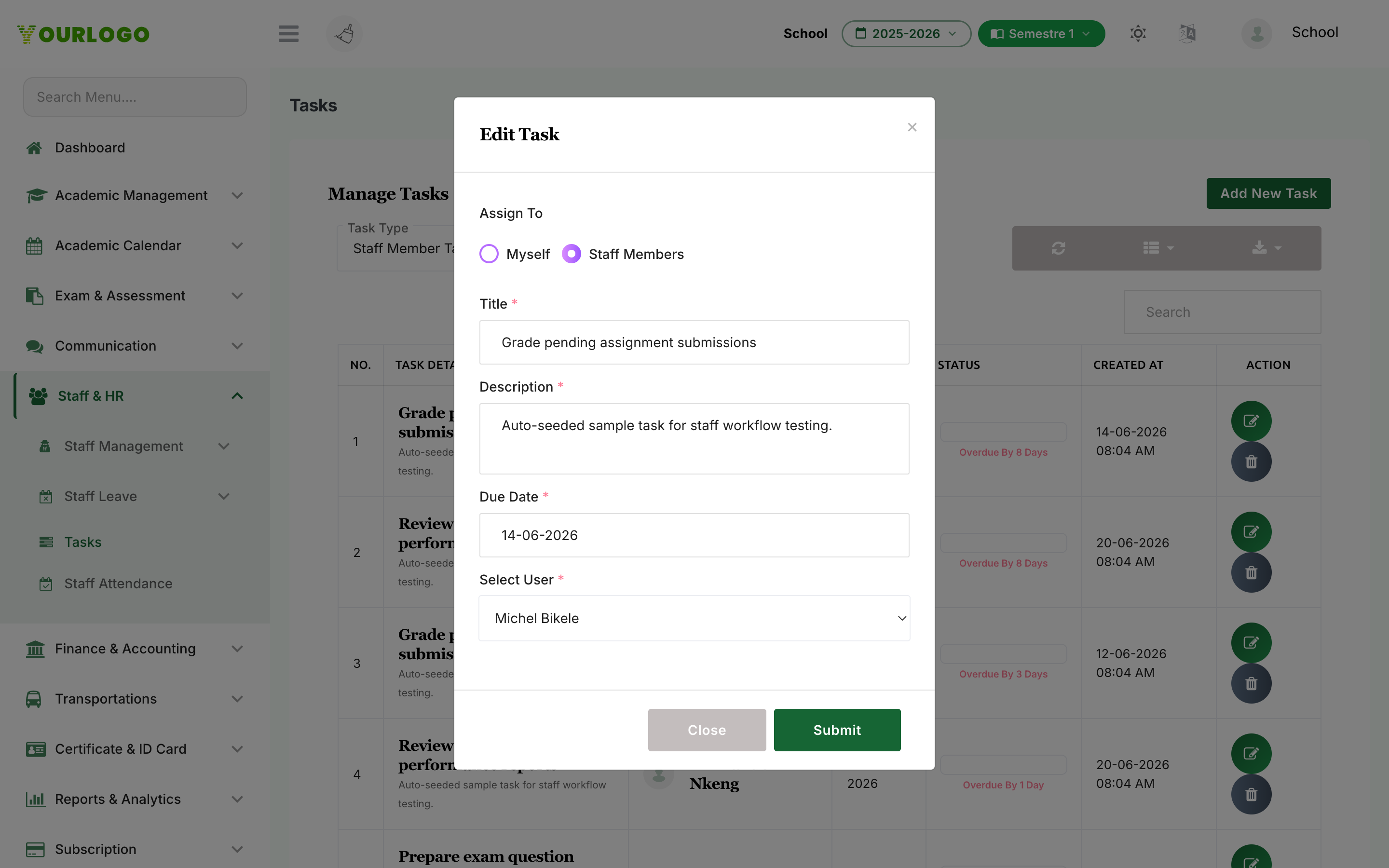 Edit Task modal with pre-filled fields
