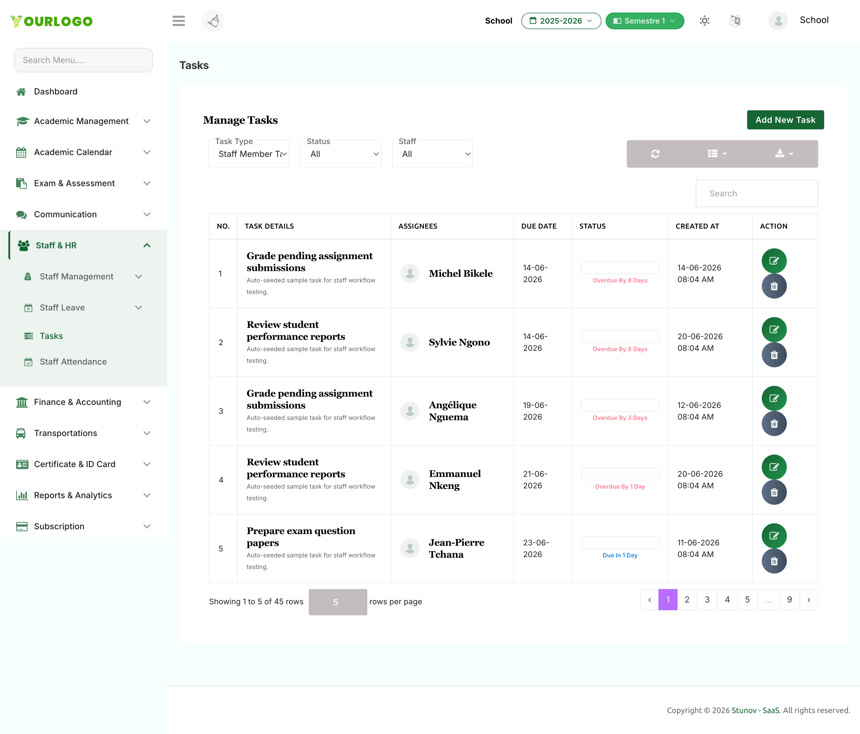 Tasks page showing the task list with status dropdowns and filters