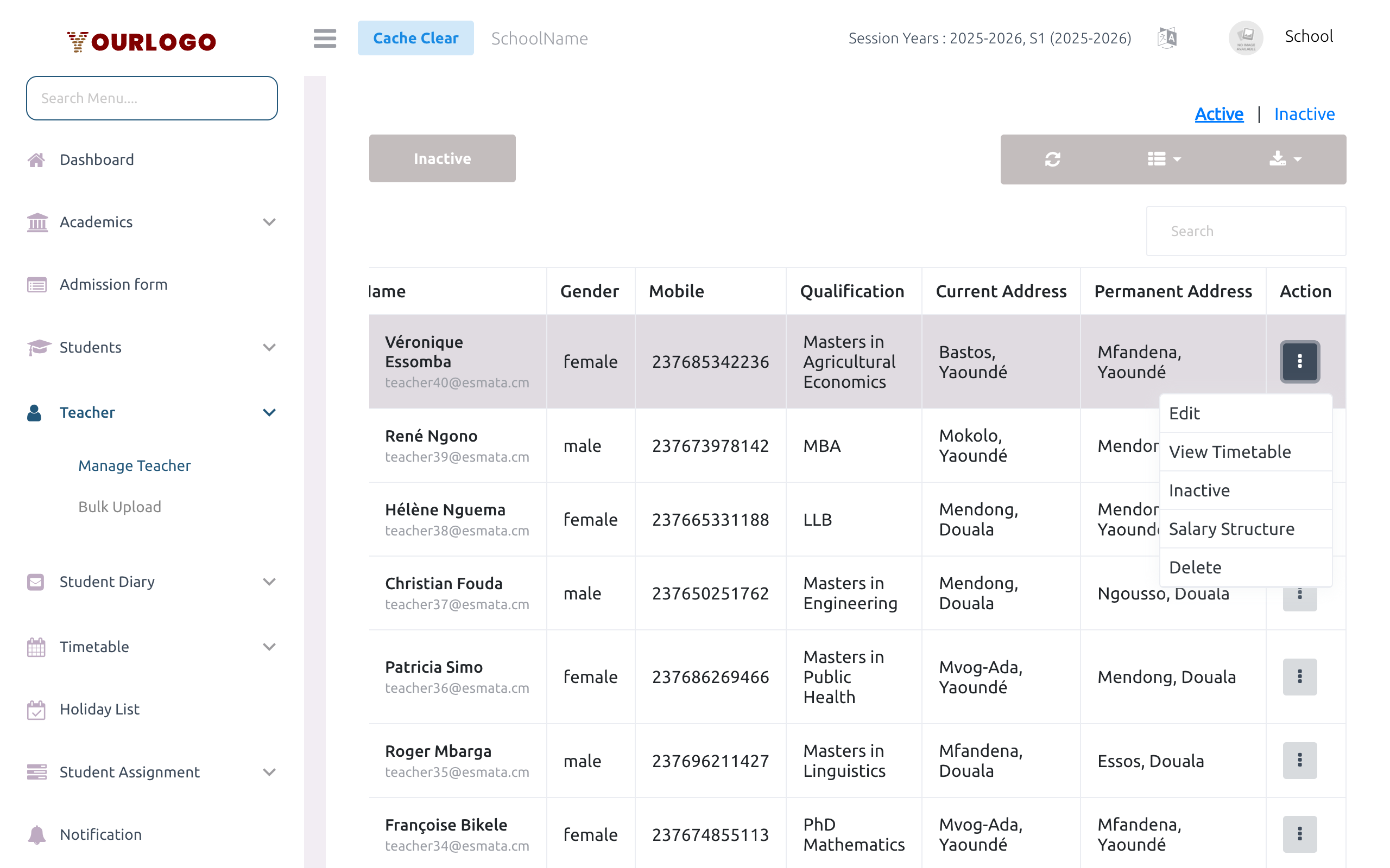 Teacher action dropdown showing Edit, View Timetable, Inactive, Salary Structure, Delete