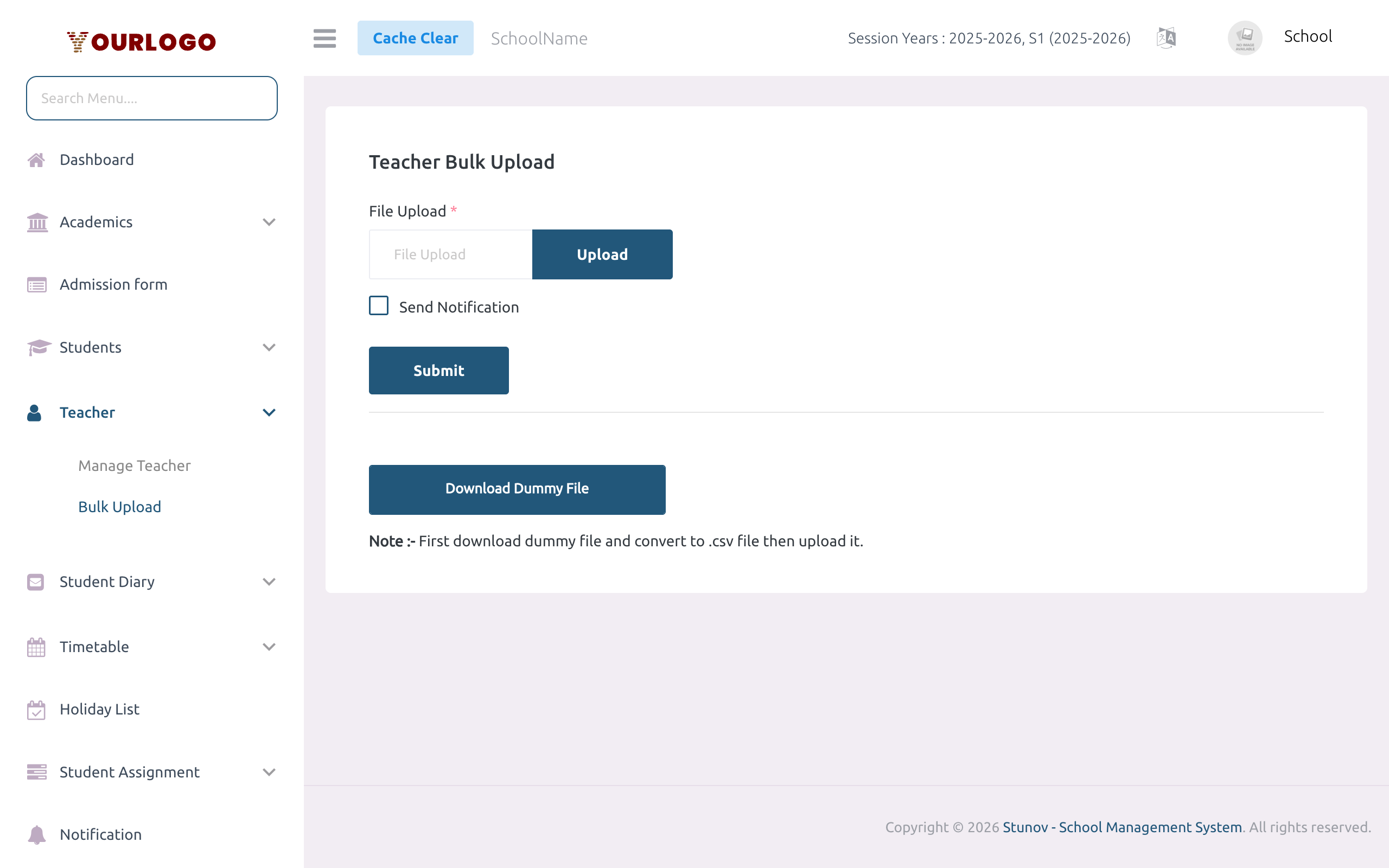 Teacher bulk upload page — Download Sample File button, file selector, and Send Registration Email option