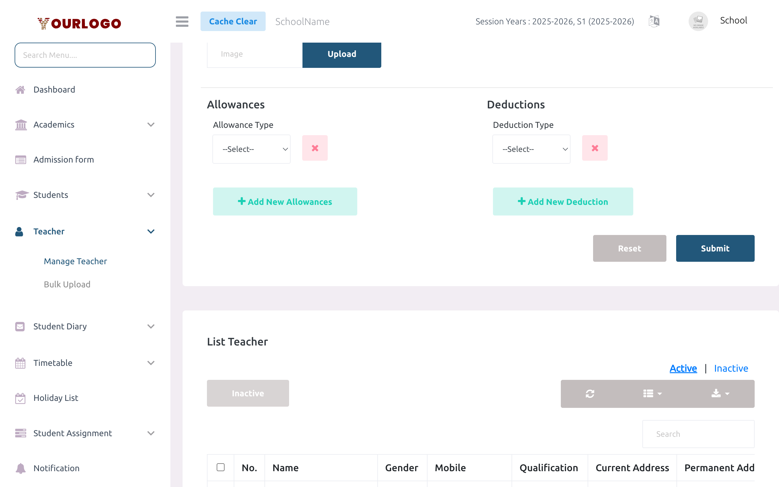 Allowances and Deductions section with dropdown type selectors and amount fields