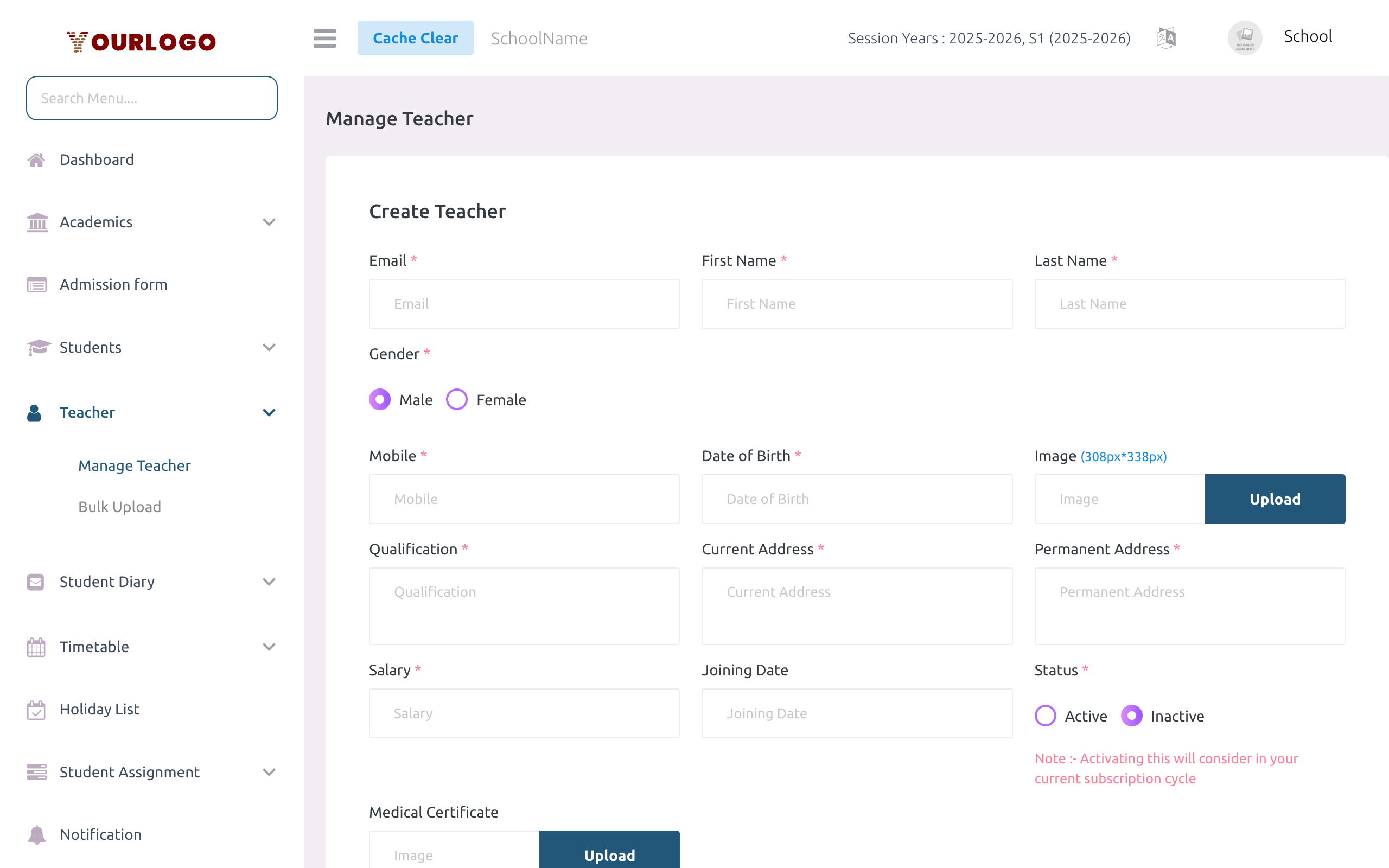 Create Teacher form top section showing Email, Name, Gender, Mobile, DOB, Image, Qualification, Addresses, Salary
