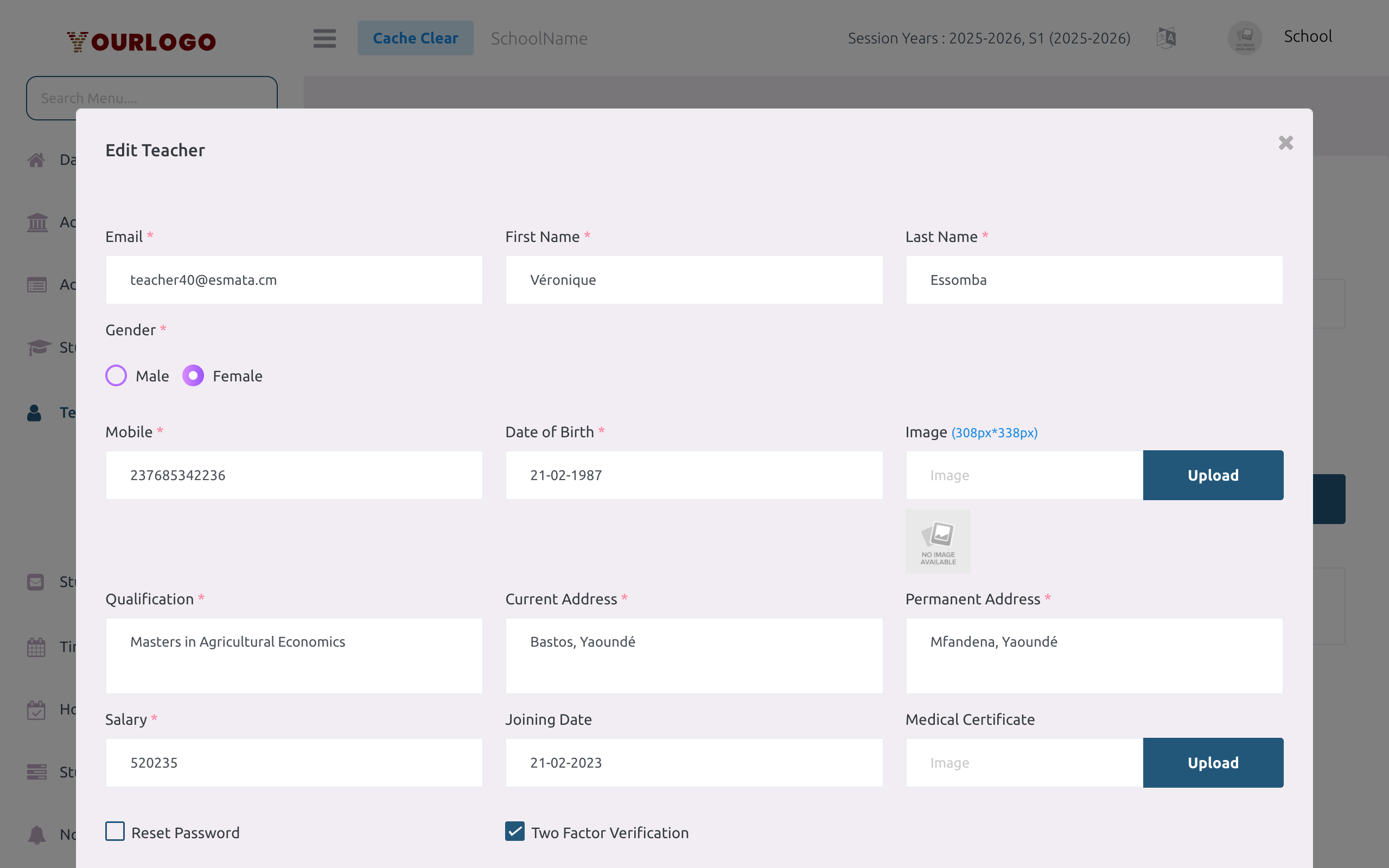 Edit Teacher form pre-filled with teacher data — Email, Name, Gender, Mobile, DOB visible