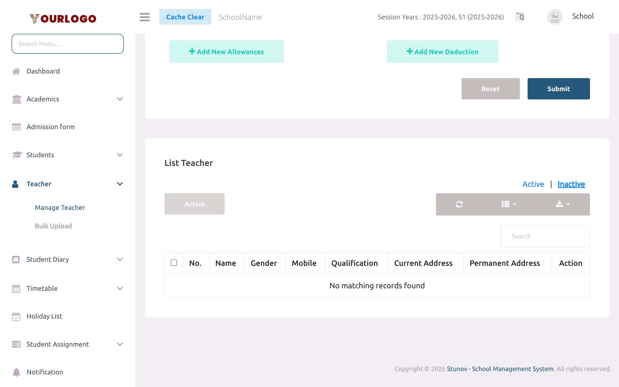 Inactive teachers tab showing deactivated teacher accounts