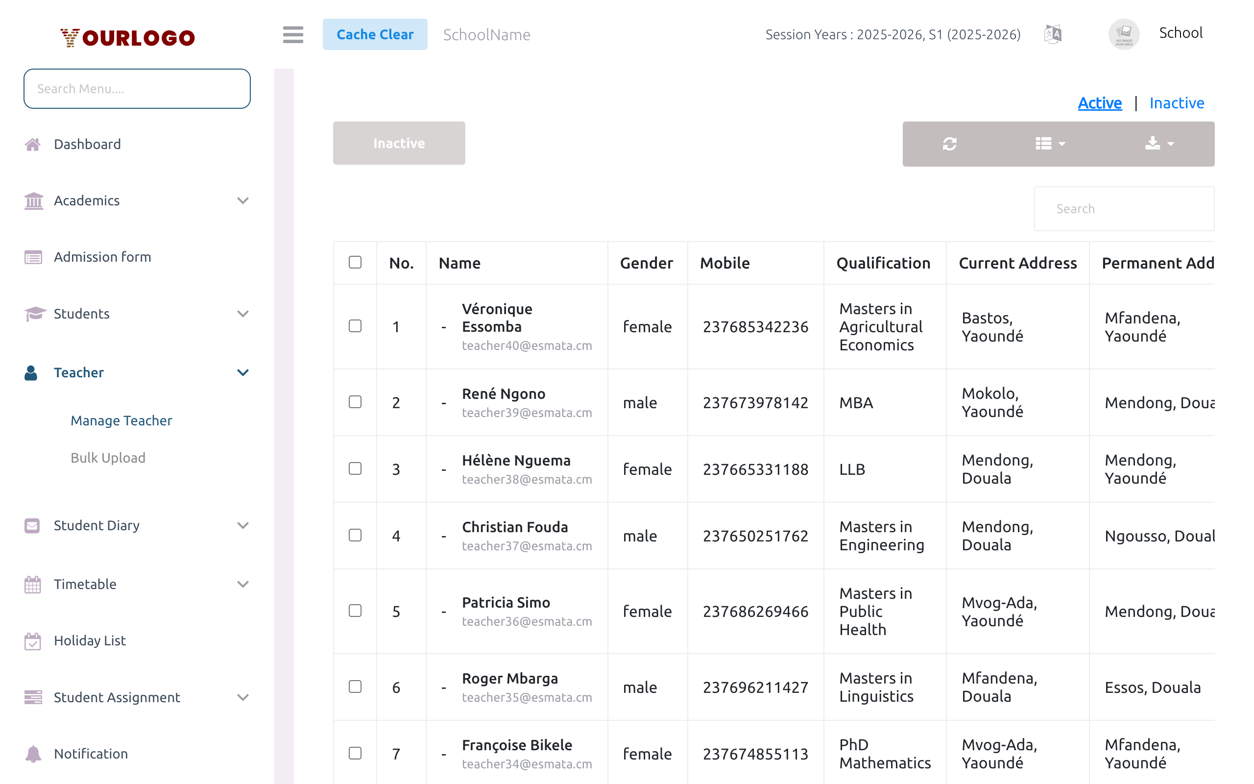 Teacher list table with Active/Inactive tabs, search bar, and action dropdown per row