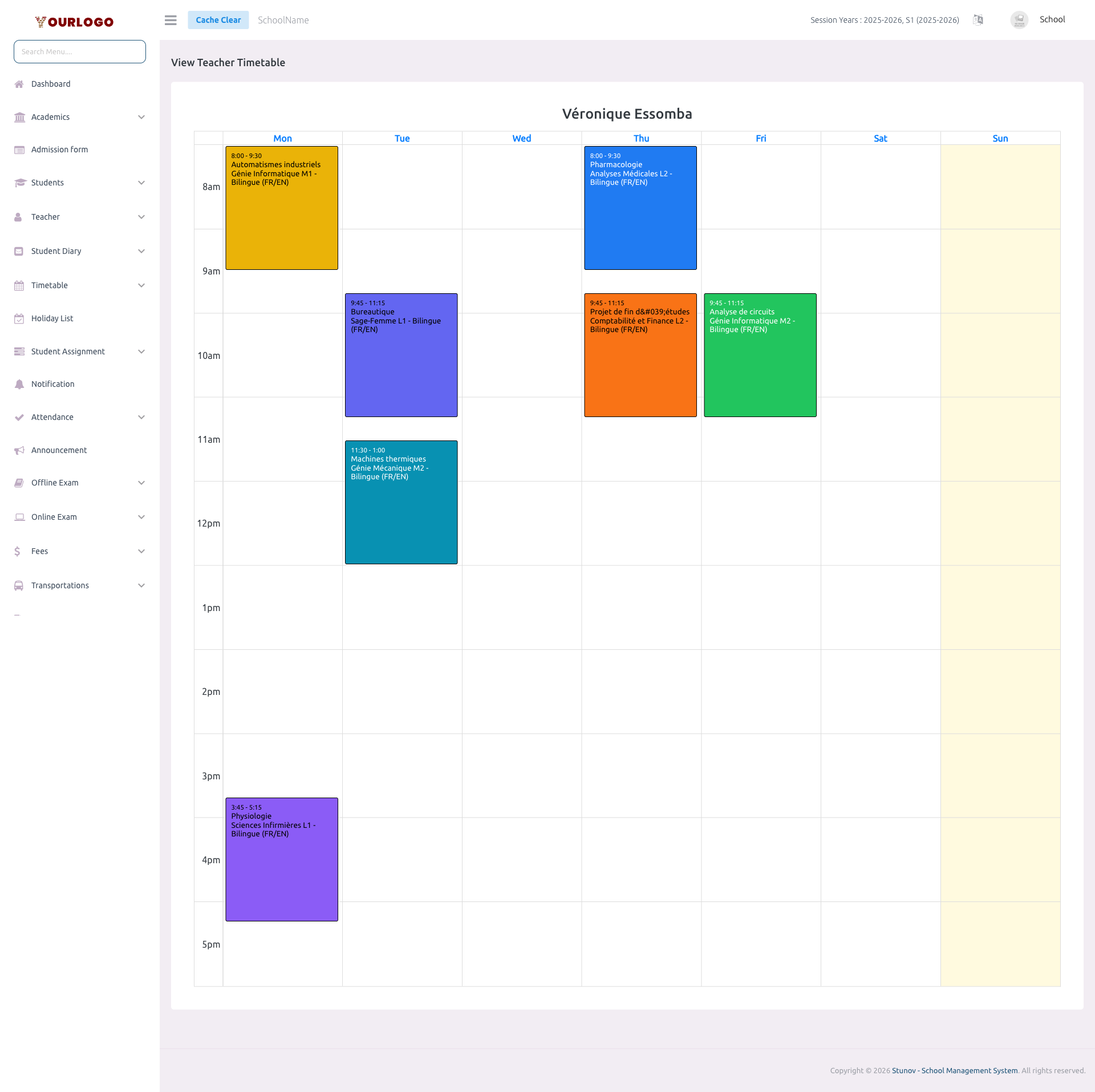 Individual teacher weekly timetable displayed as a calendar grid