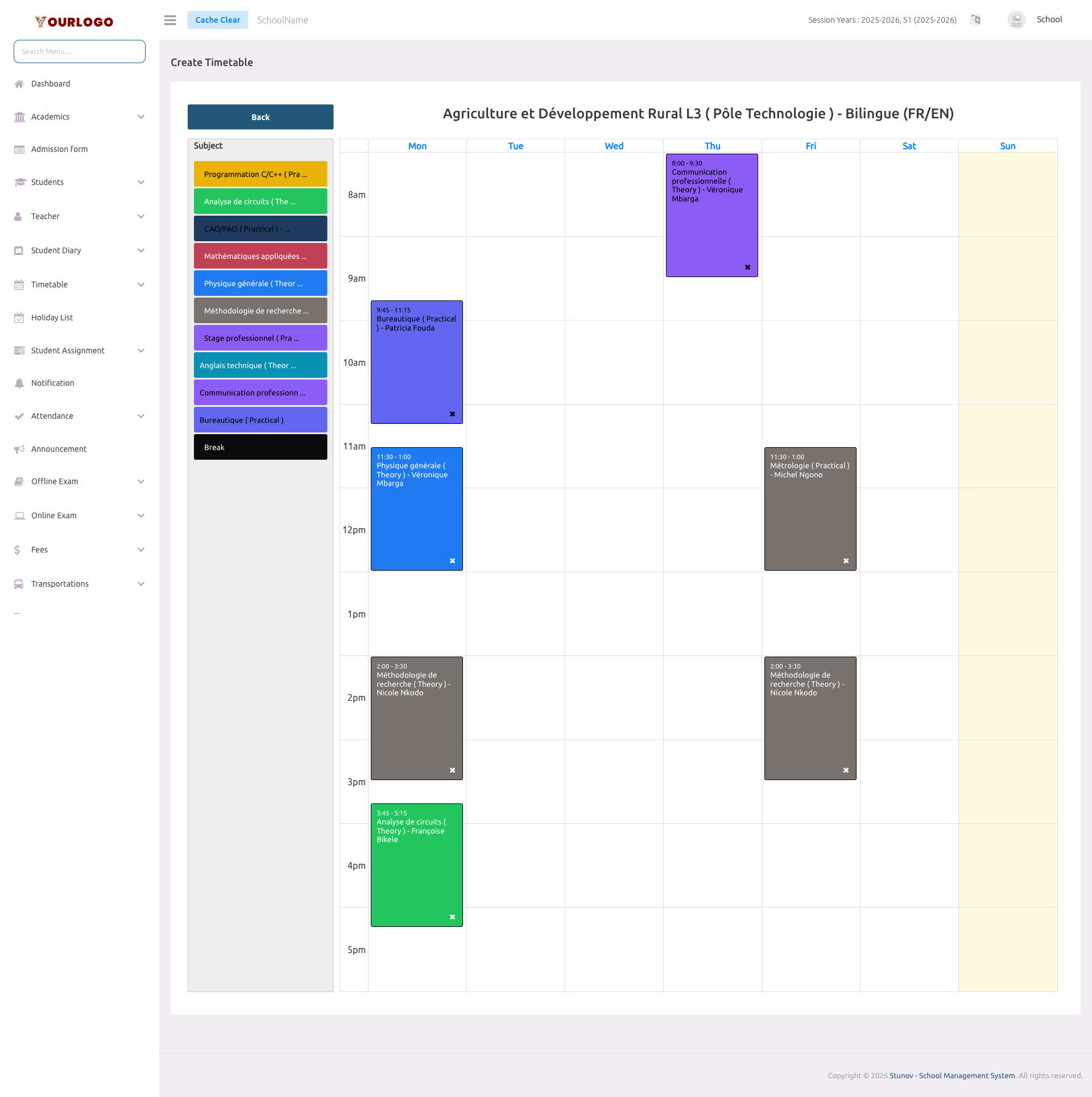 Timetable editor showing subjects panel on the left and weekly calendar grid on the right