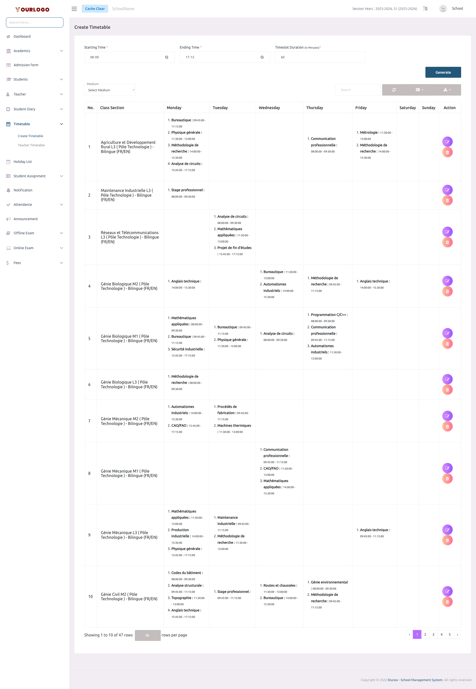 Timetable page showing settings form and class section list with weekly schedules