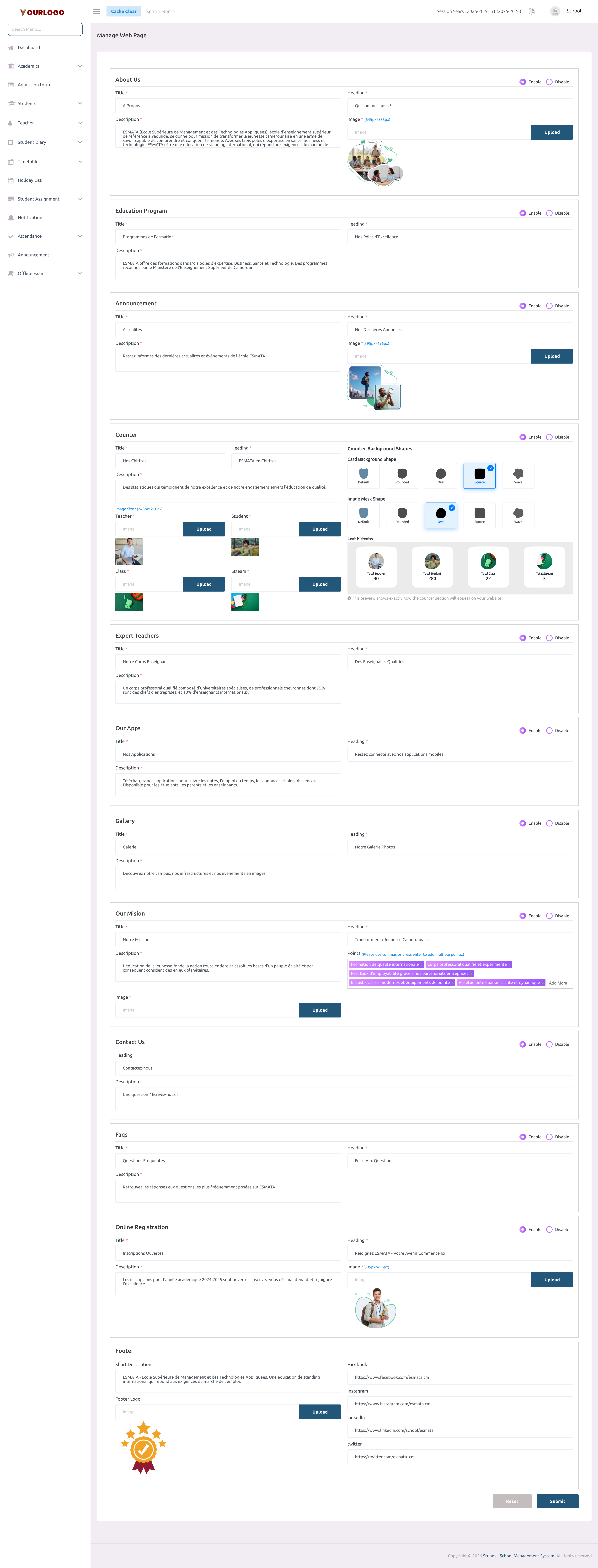 Content management page showing multiple collapsible sections with enable/disable toggles