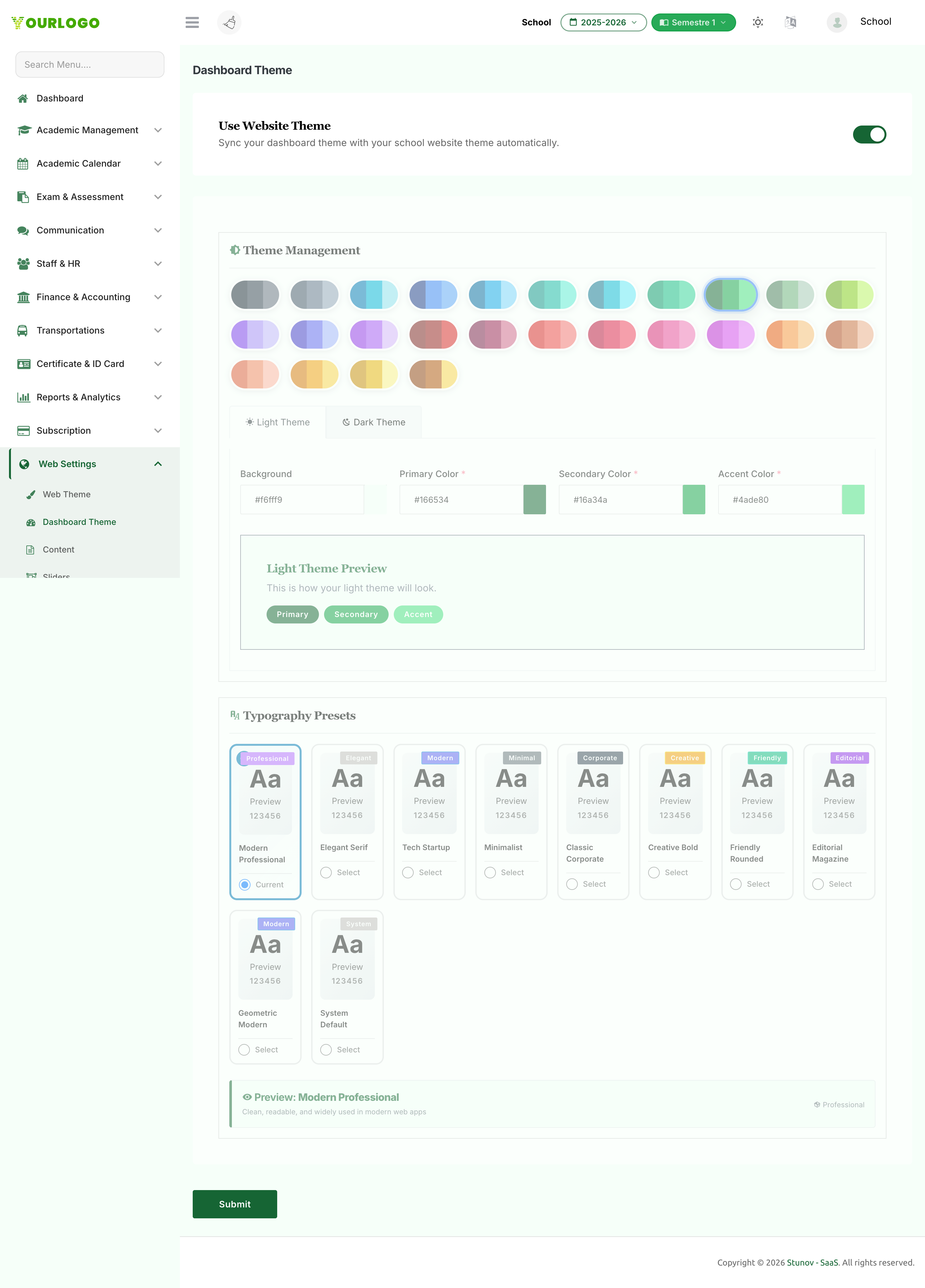 Dashboard Theme page with color presets, light/dark tabs, and live previews