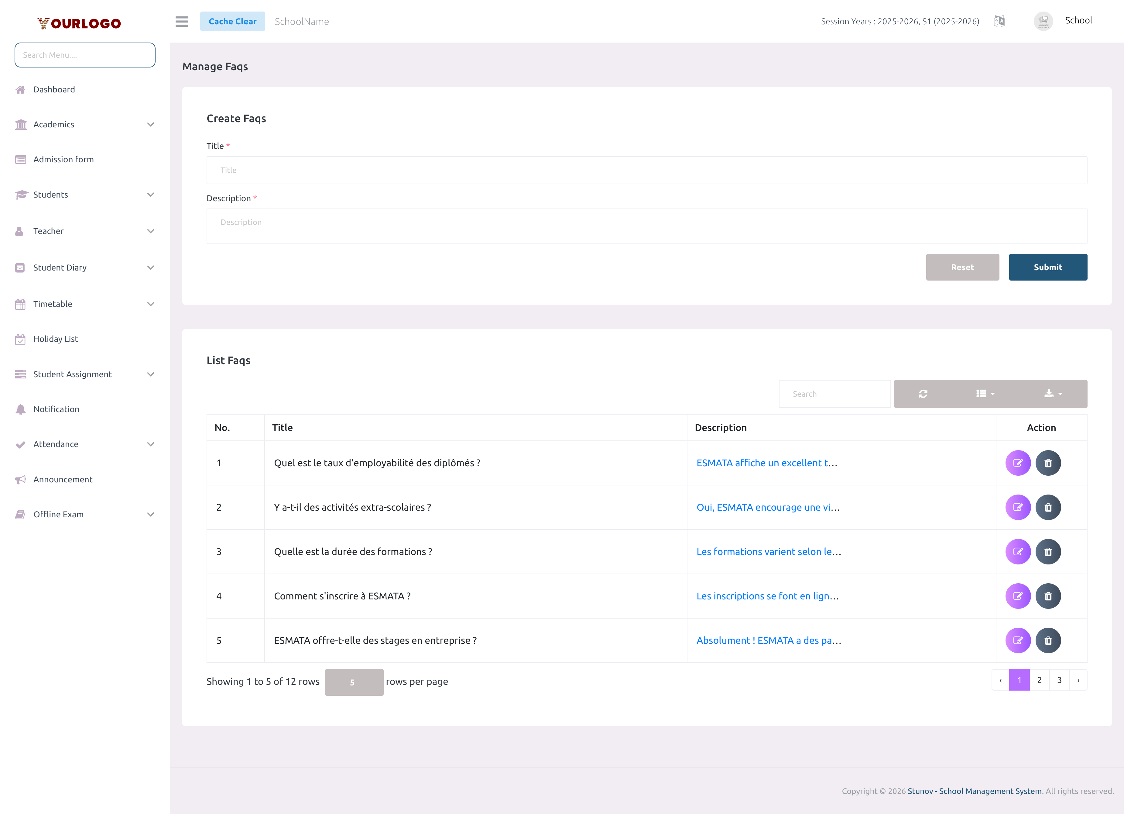 FAQ management page showing a create form at the top and a list of existing FAQs below