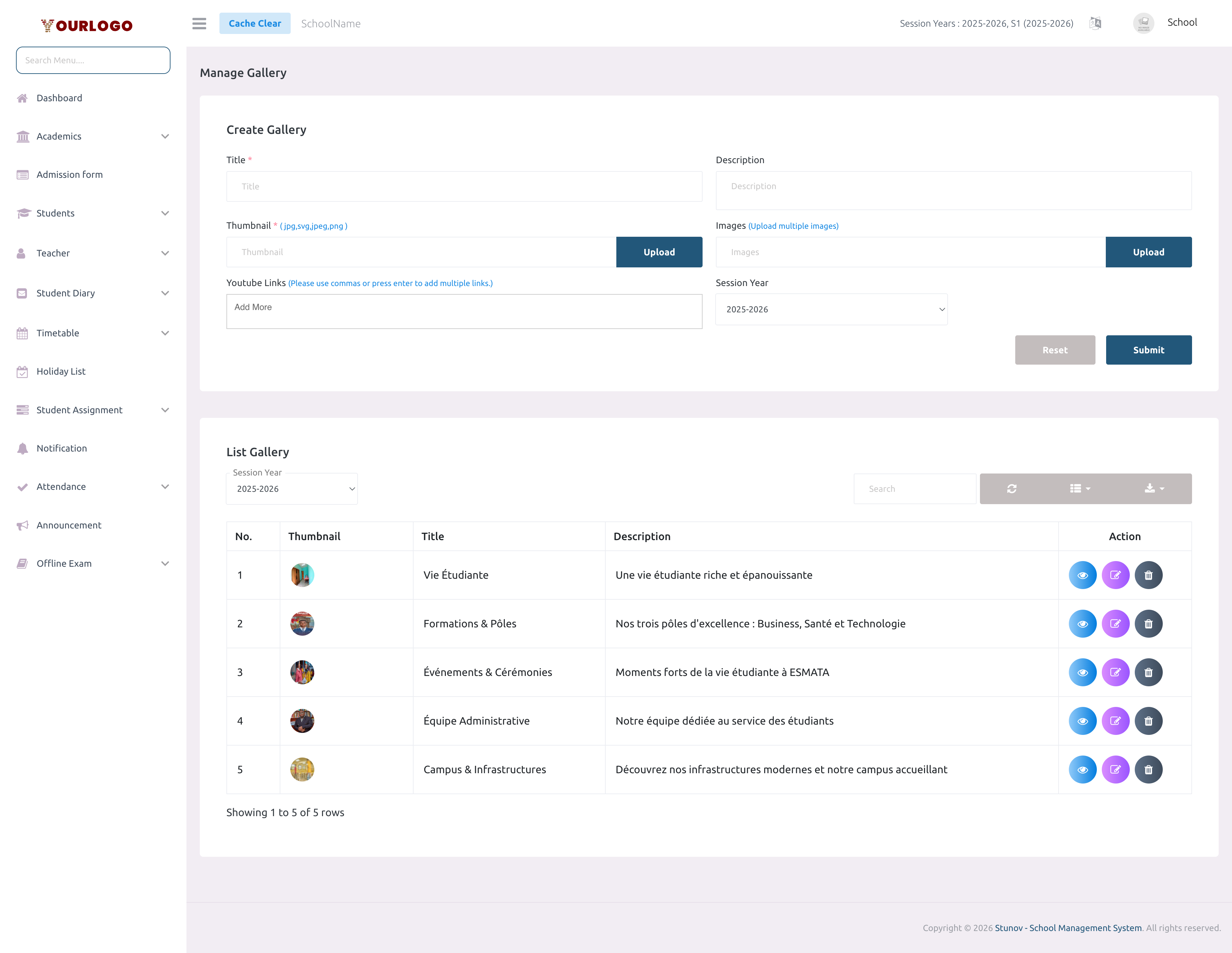 Gallery management page showing a table of existing albums with thumbnail, title, session year, and action buttons