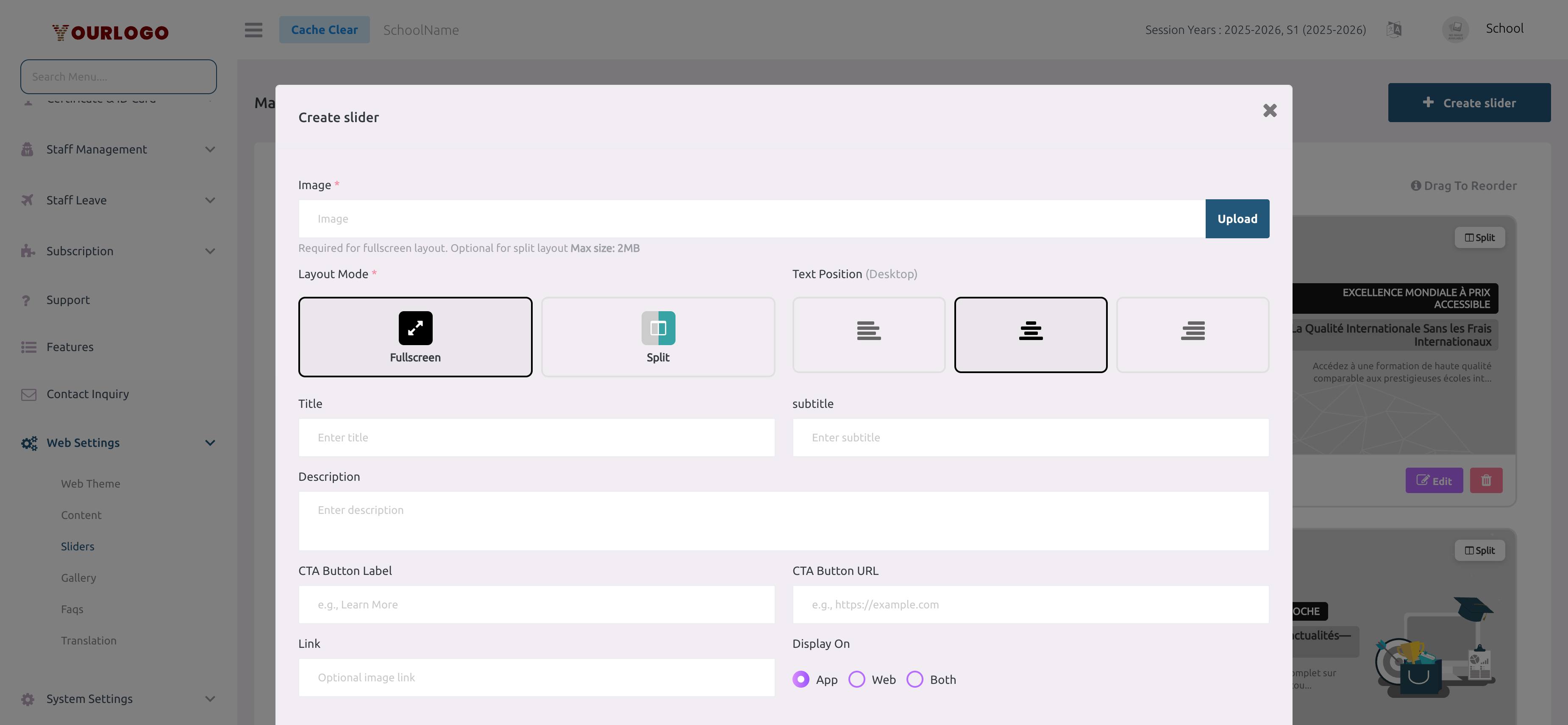 Slider creation modal with image upload, layout mode, text fields, and CTA