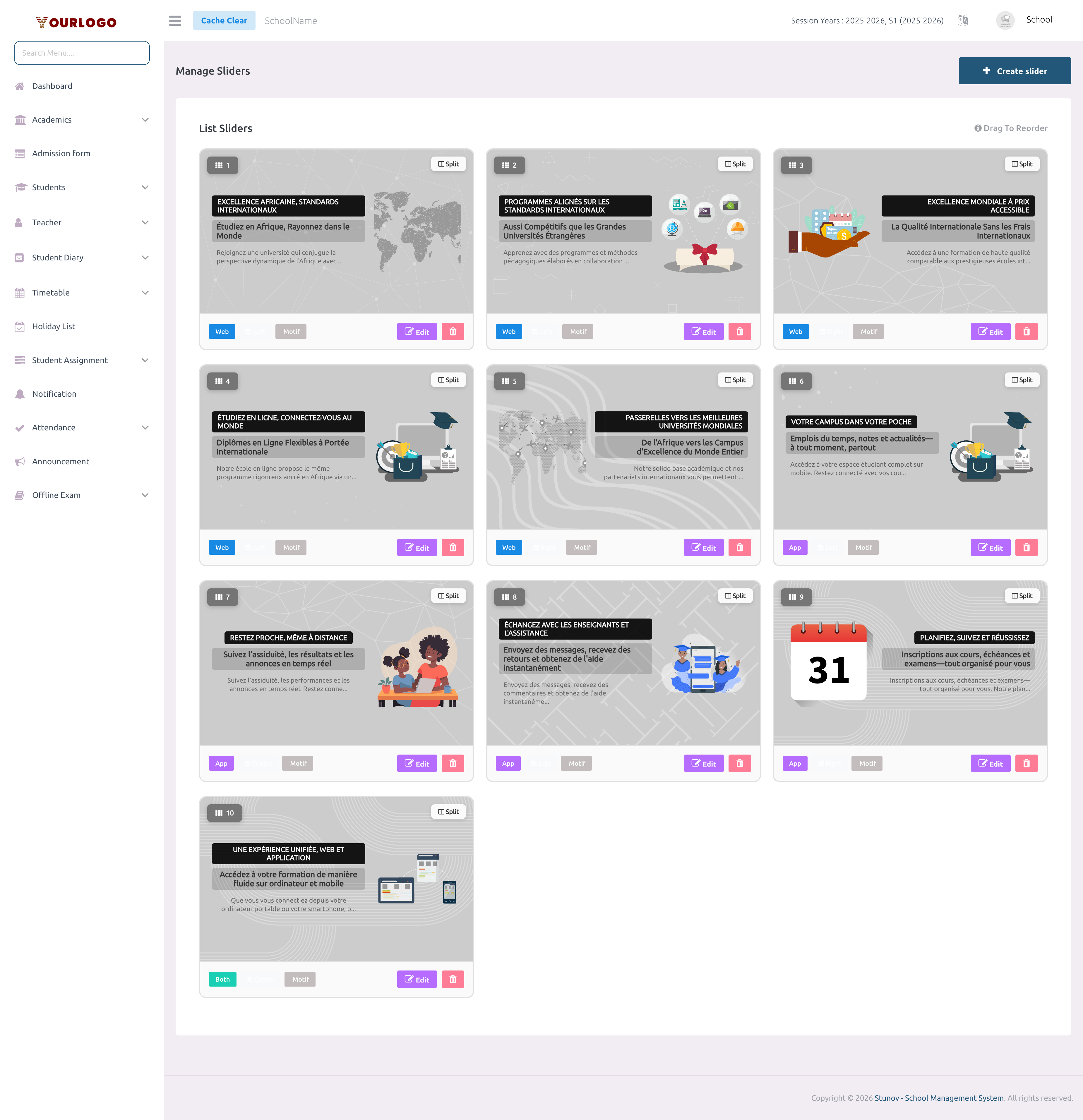 Slider management page showing a drag-to-reorder list of all created slides