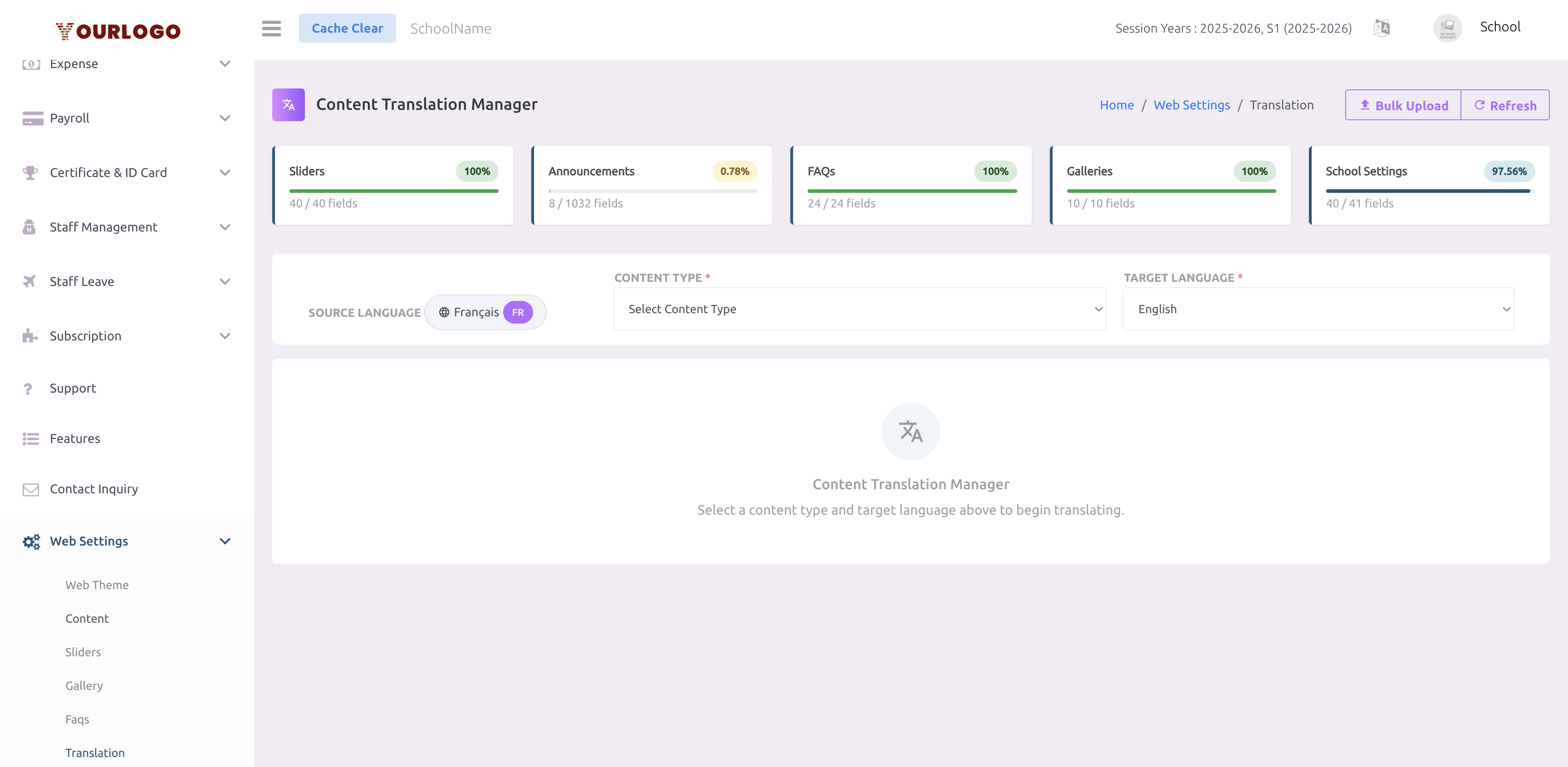 Content Translation Manager landing page showing progress dashboard cards for each content type, filter panel with source language, content type, and target language selectors, and an empty state prompting the user to select a content type