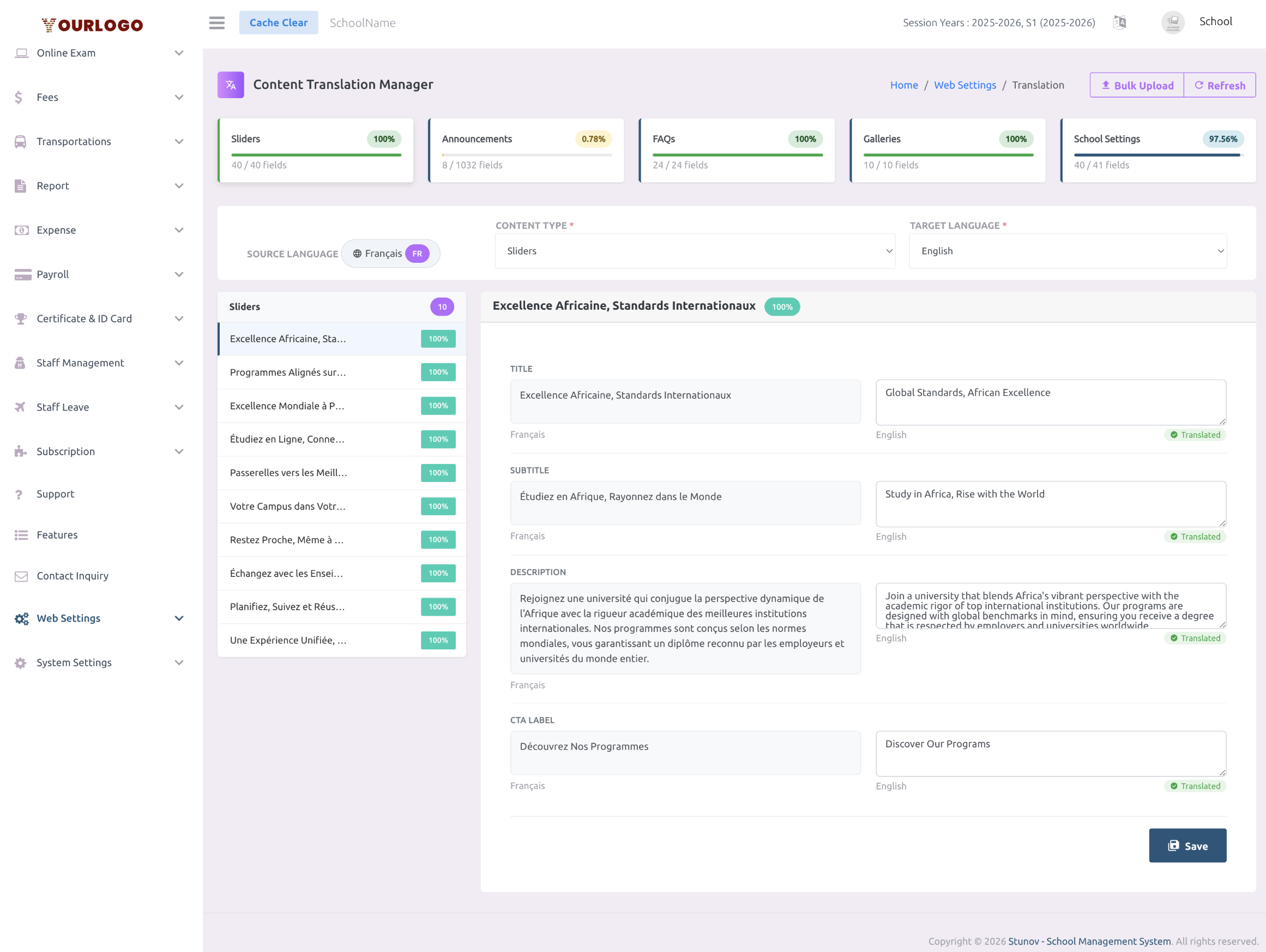 Translation manager with Sliders selected — sidebar listing 10 slider items with 100% badges, detail panel showing side-by-side Title, Subtitle, Description, and CTA Label fields with original French text on the left and English translations on the right