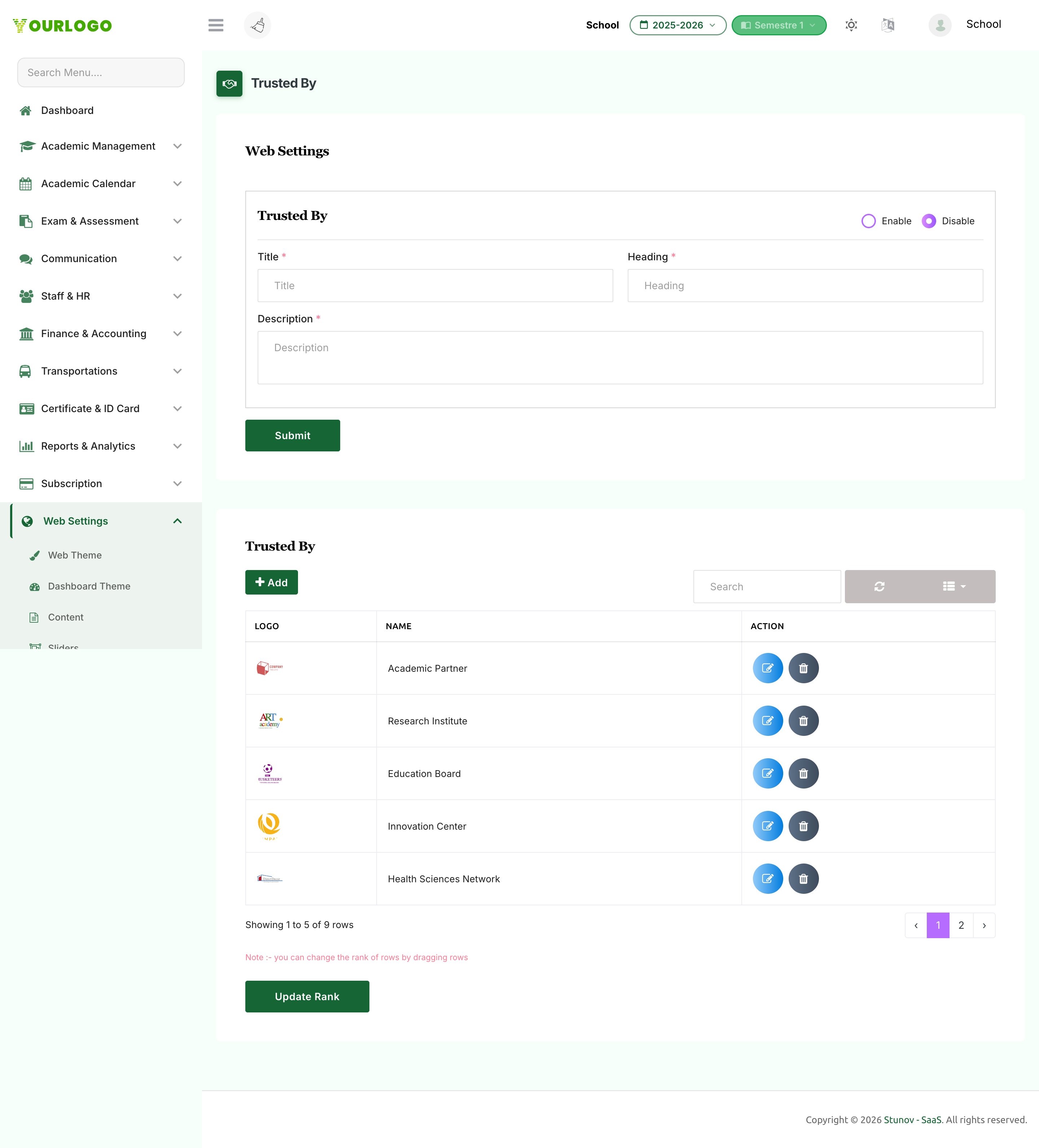 Trusted By page with section settings and the list of logo entries